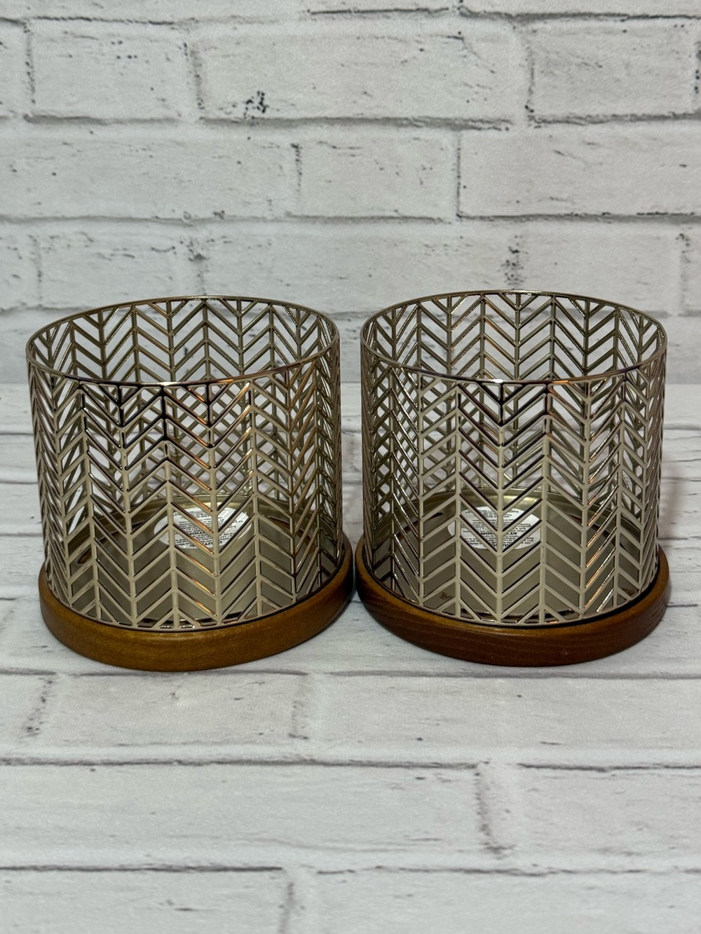 2 Bath & Body Works 3 Wick Candle Holders, Gold Chevron & Wood, Like New